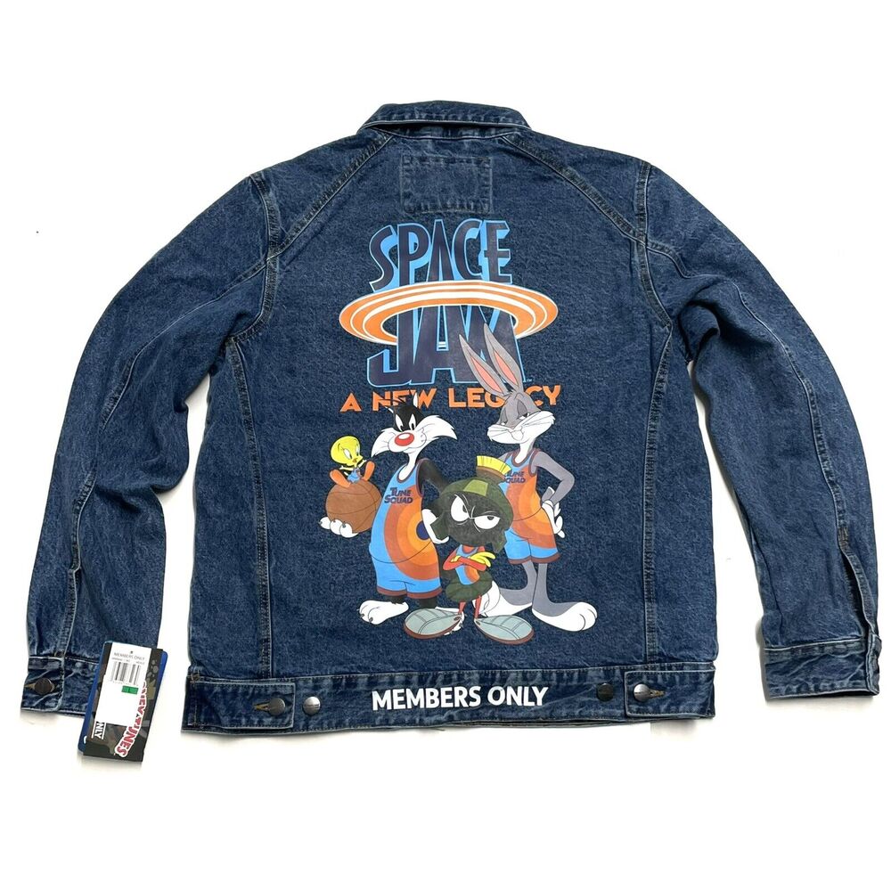 Space Jam A New Legacy Denim Trucker Jacket Sz L Looney Tunes Squad Members Only